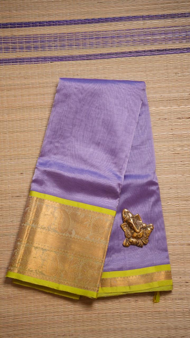 Mangalagiri Silk Cotton Kanchi Border Saree - 15-01-05-09 (LAVENDER AND LIME GREEN)