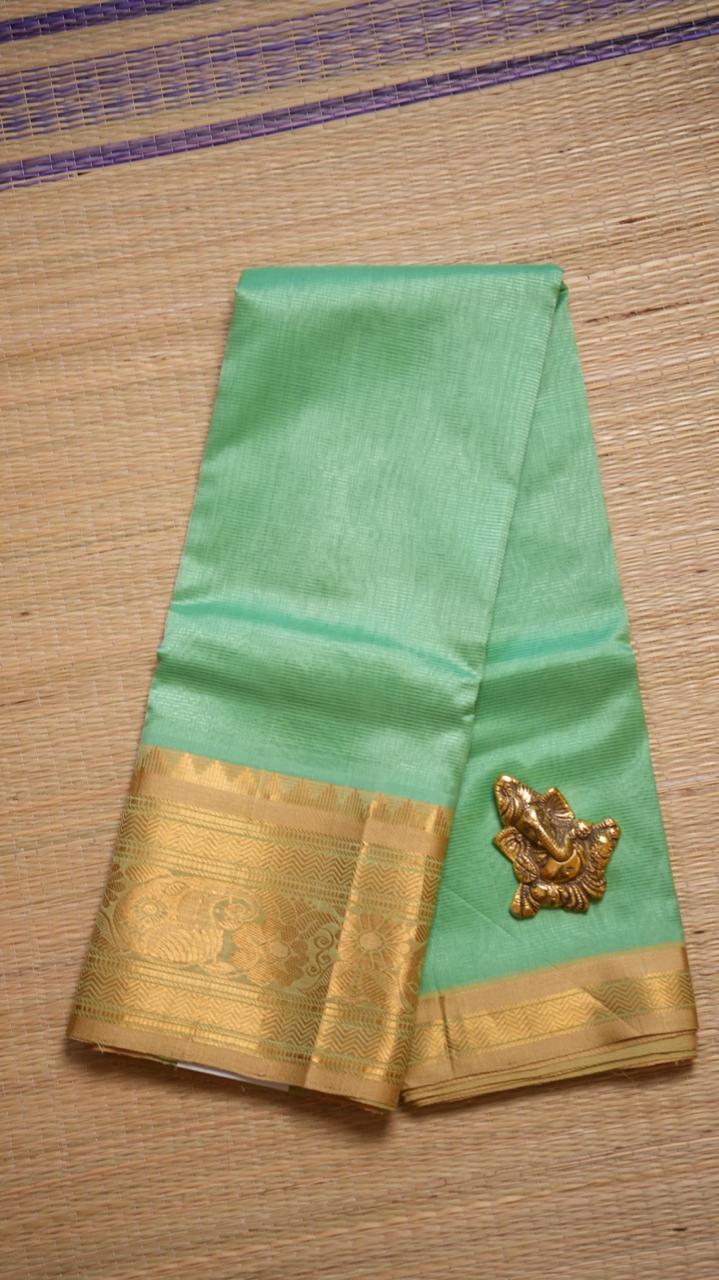 Mangalagiri Silk Cotton Kanchi Border Saree - 15-01-05-10 (MINT GREEN AND CHAMPAGNE GOLD)