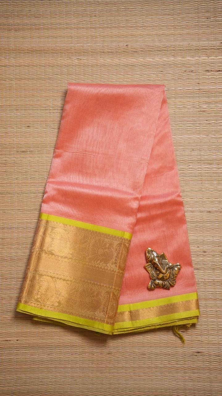 Mangalagiri Silk Cotton Kanchi Border Saree - 15-01-05-11 (PEACH PINK AND LIME GREEN)