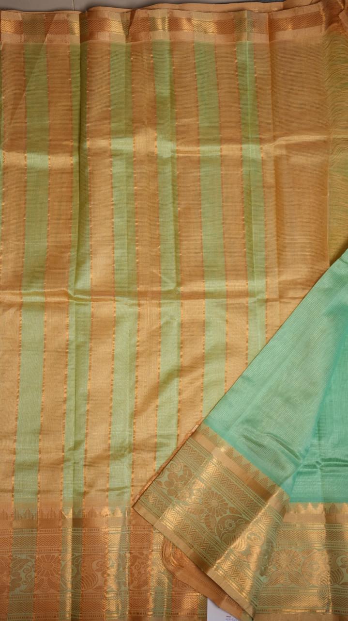 Mangalagiri Silk Cotton Kanchi Border Saree - 15-01-05-10 (MINT GREEN AND CHAMPAGNE GOLD)