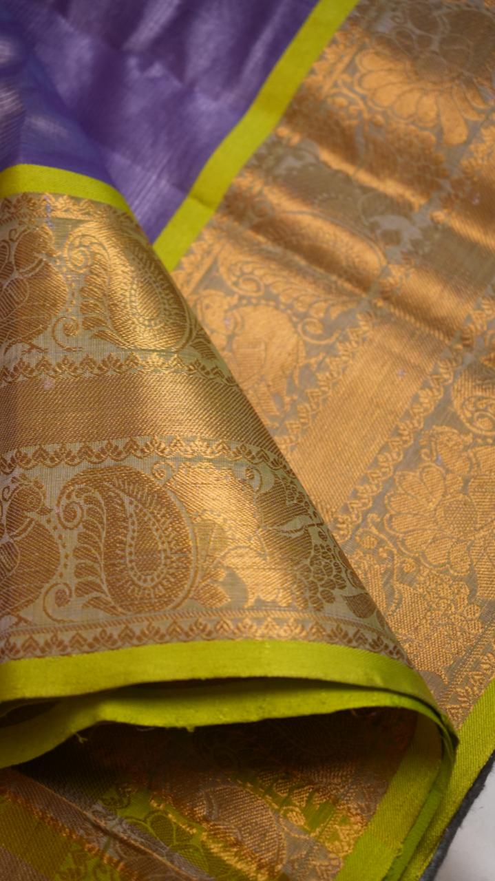 Mangalagiri Silk Cotton Kanchi Border Saree - 15-01-05-09 (LAVENDER AND LIME GREEN)