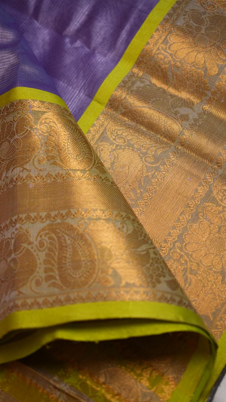 Mangalagiri Silk Cotton Kanchi Border Saree - 15-01-05-09 (LAVENDER AND LIME GREEN)