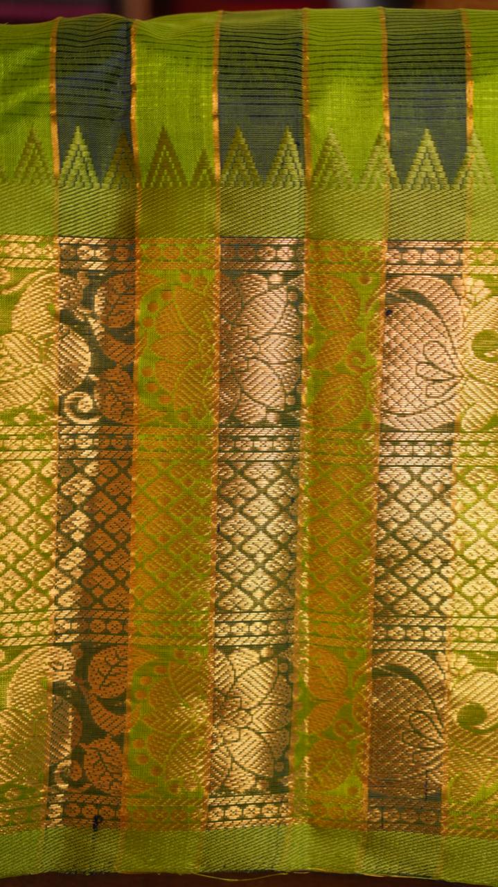 Mangalagiri Silk Cotton Kanchi Border Saree - 15-01-05-02 (DARK NAVY BLUE AND KILLI PACHAI)