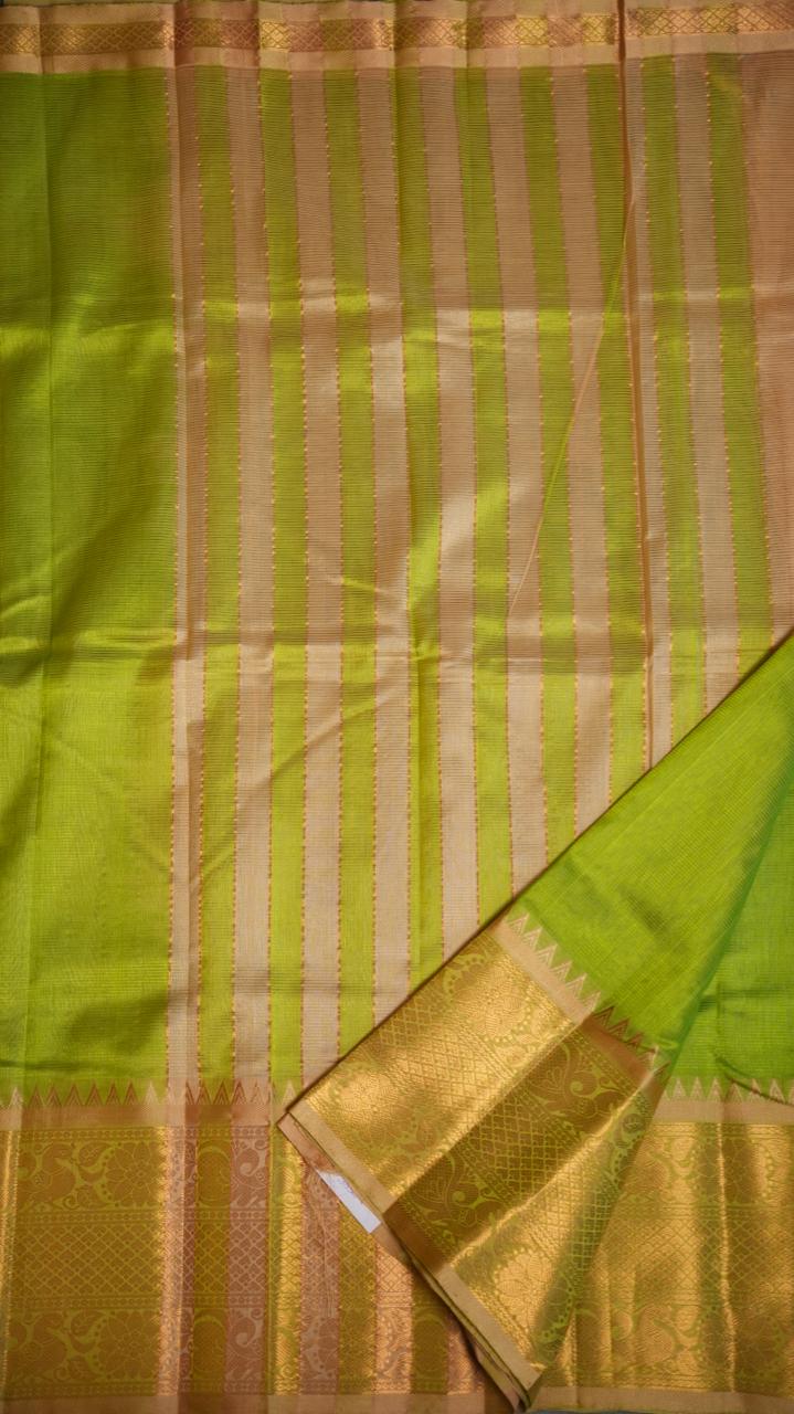 Mangalagiri Silk Cotton Kanchi Border Saree - 15-01-05-03 (PARROT GREEN AND PALE GOLD )