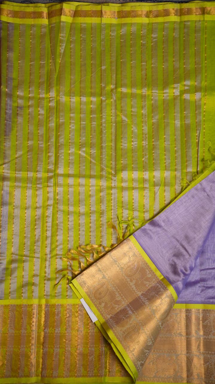 Mangalagiri Silk Cotton Kanchi Border Saree - 15-01-05-09 (LAVENDER AND LIME GREEN)