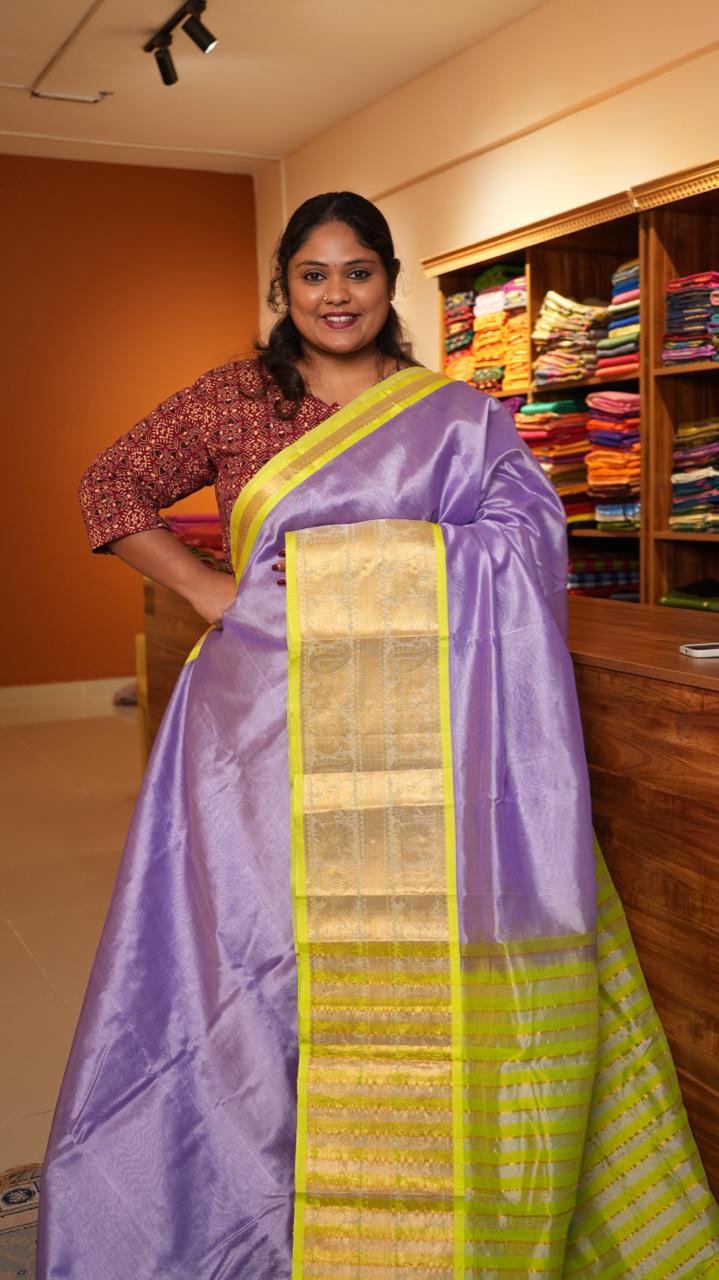 Mangalagiri Silk Cotton Kanchi Border Saree - 15-01-05-09 (LAVENDER AND LIME GREEN)