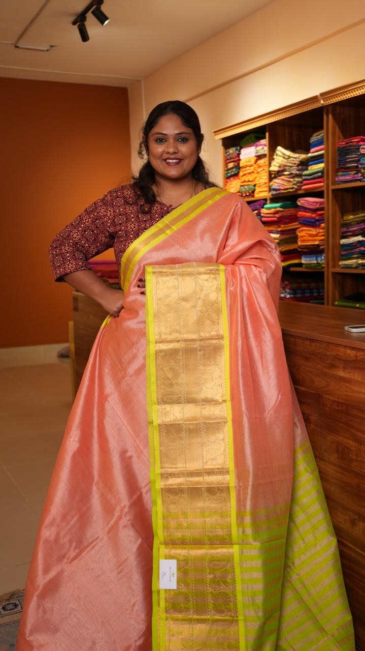 Mangalagiri Silk Cotton Kanchi Border Saree - 15-01-05-11 (PEACH PINK AND LIME GREEN)