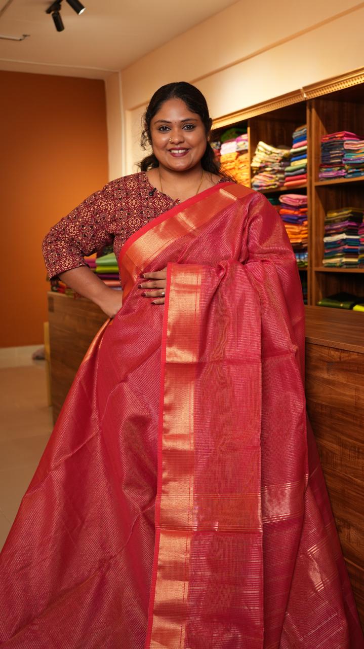 Maheshwari Silk Cotton Podi Kattam Saree - 05-01-02-05 (STRAWBERRY CHAMPAGNE)