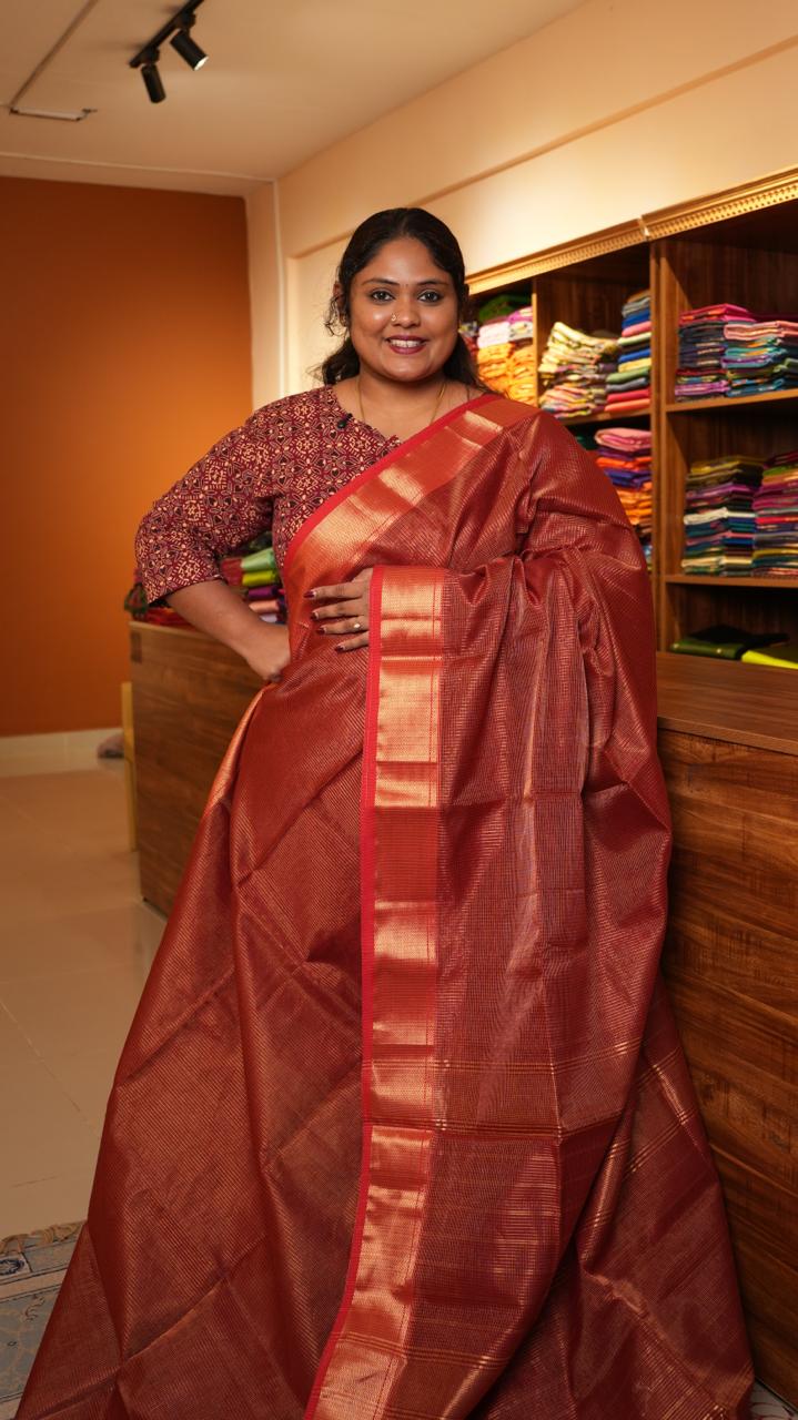 Maheshwari Silk Cotton Podi Kattam Saree - 05-01-02-09 (DRY CHILLI GOLD)