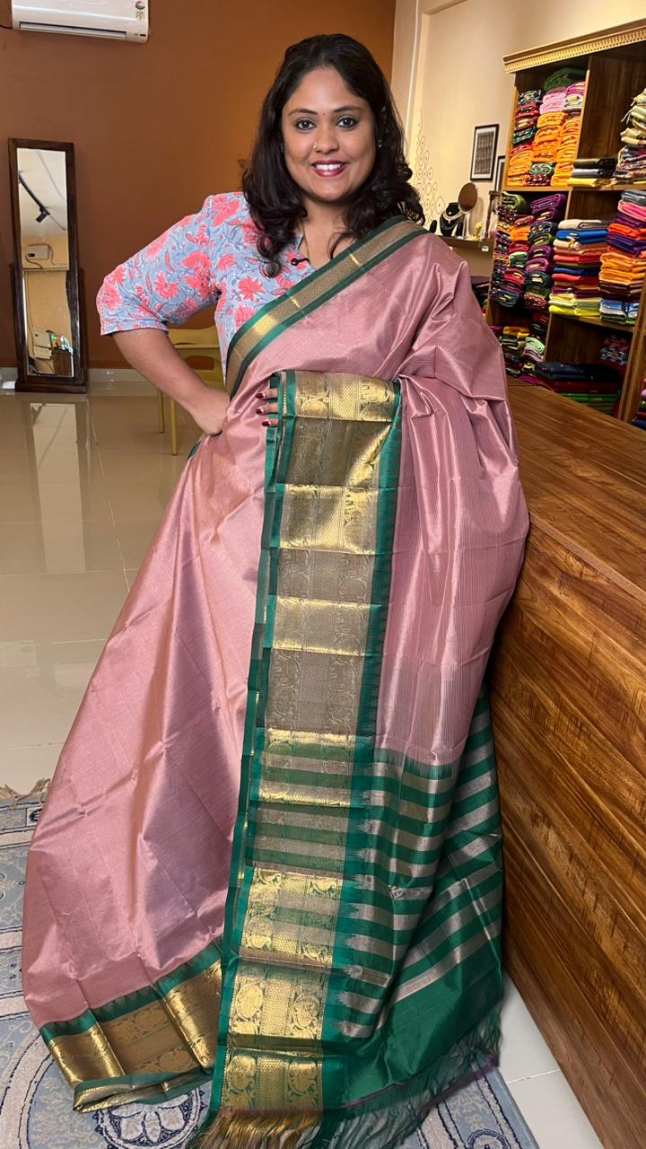 Mangalgiri Silk Cotton Kanchi Border Saree - 15-01-01-01 (Chikoo Mangalagiri)