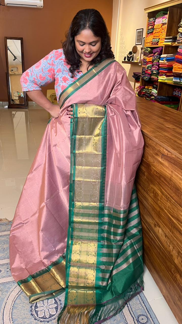 Mangalgiri Silk Cotton Kanchi Border Saree - 15-01-01-01 (Chikoo Mangalagiri)