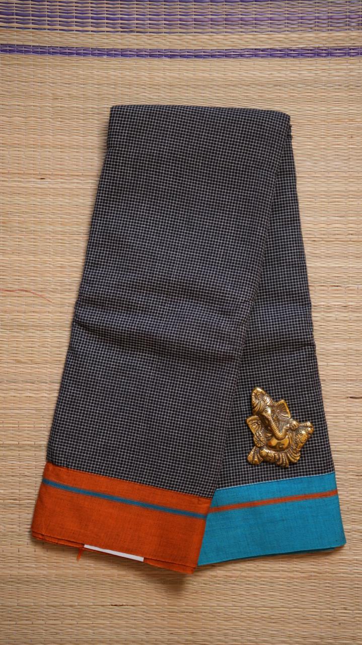 Patteda Anchu Handwoven Pure cotton Saree - 44-01-02-04 (PEPPER ASH)