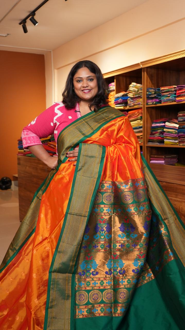 Semi Silk Paithani Saree - 44-01-01-08 ( KESARI PANNA)