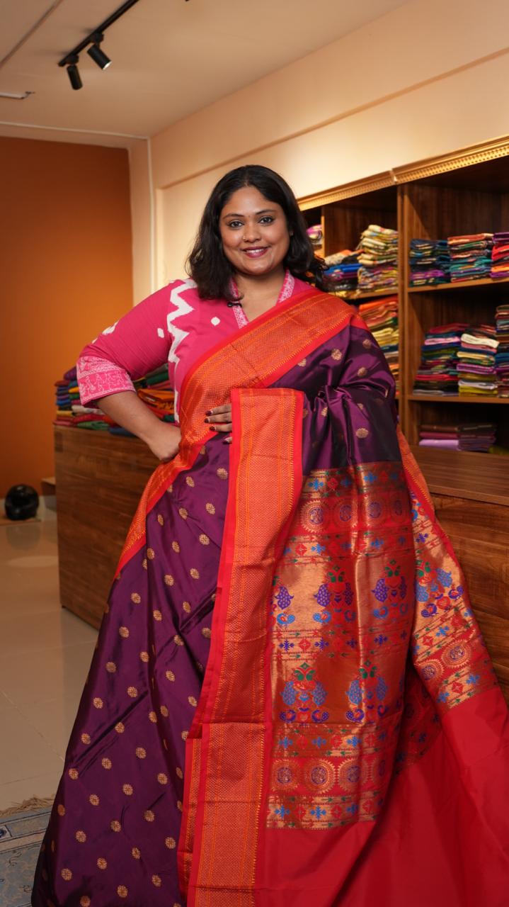 Semi Silk Paithani Saree - 44-01-01-10 (BAINGAN GERUA)