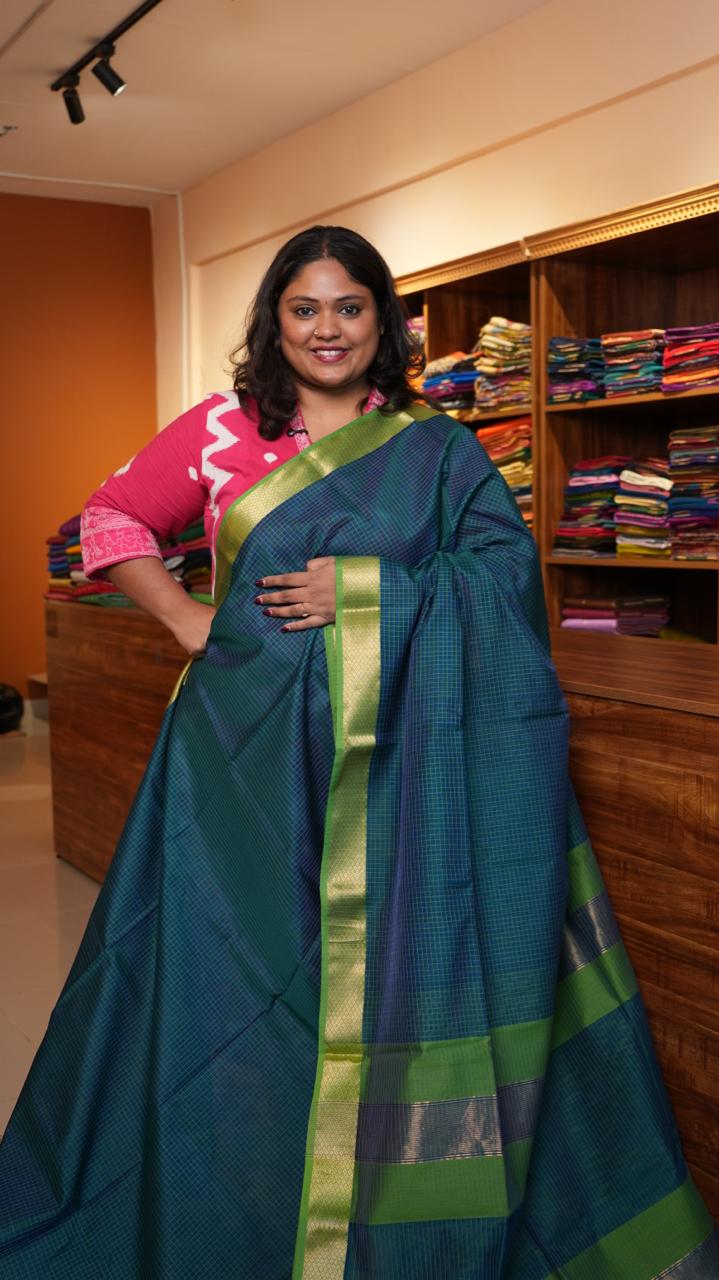 Maheshwari Silk Cotton Saree - 05-12B-03-03 (PEACOCK GREEN)