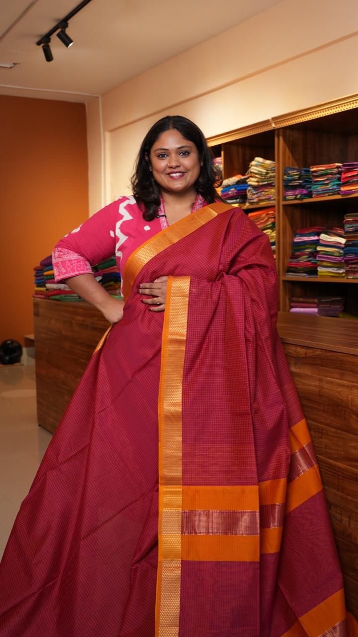 Maheshwari Silk Cotton Saree - 05-12B-03-05 (STRAWBERRY SYRUP)