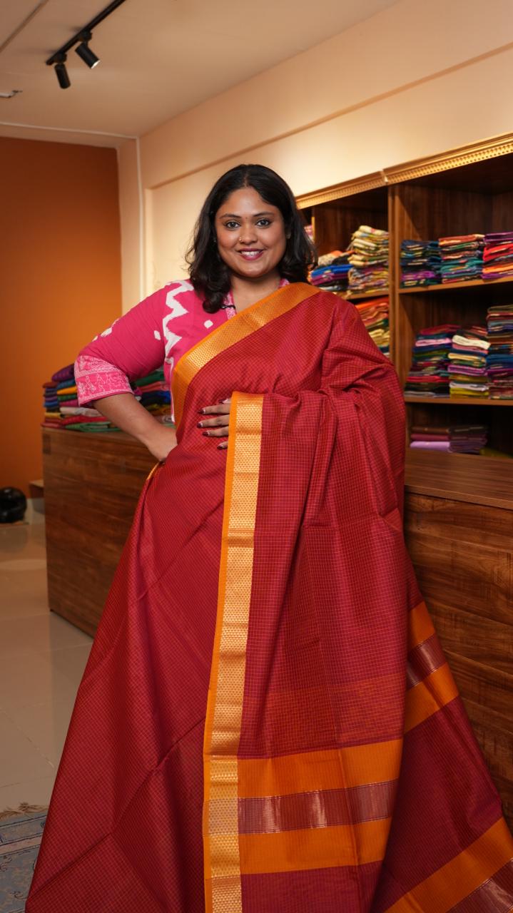 Maheshwari Silk Cotton Saree - 05-12B-03-07 (RED APPLE)