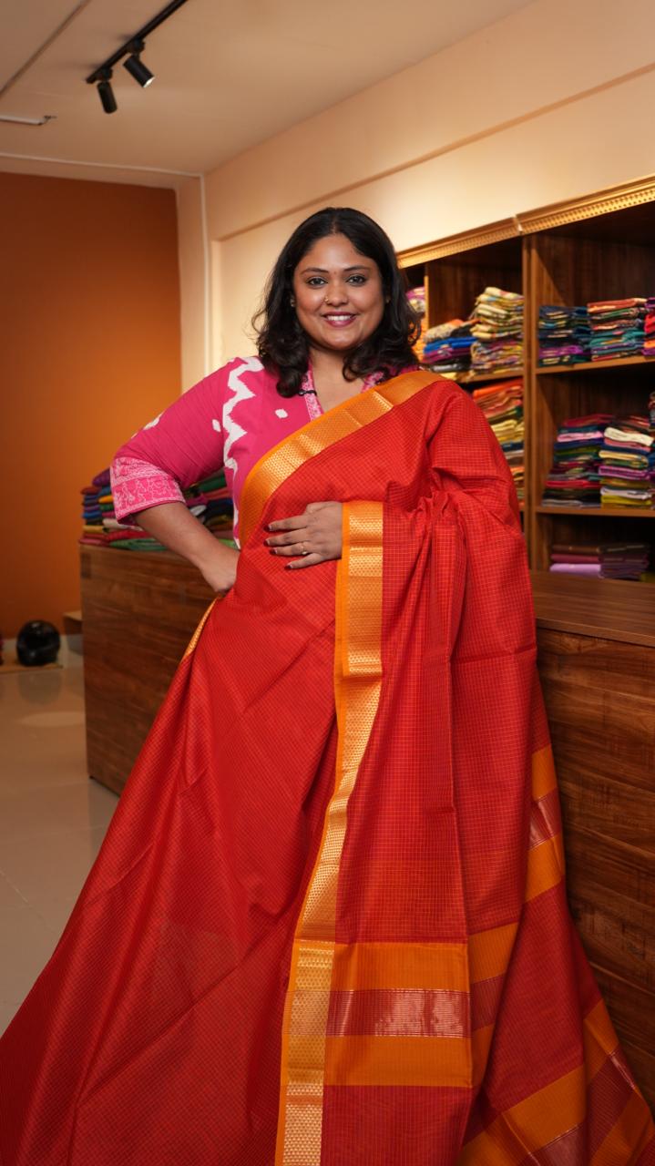 Maheshwari Silk Cotton Saree - 05-12B-03-08 (KUMKUM)