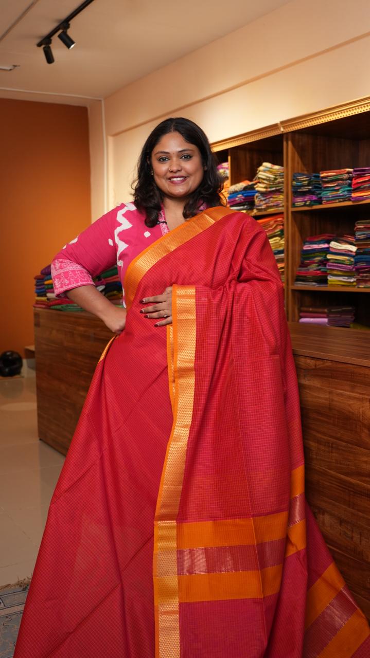 Maheshwari Silk Cotton Saree - 05-12B-03-04 (RED ROSE)