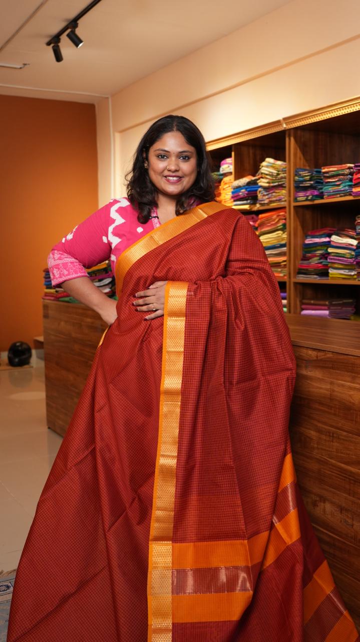 Maheshwari Silk Cotton Saree - 05-12B-03-06 (TERRACOTTA)