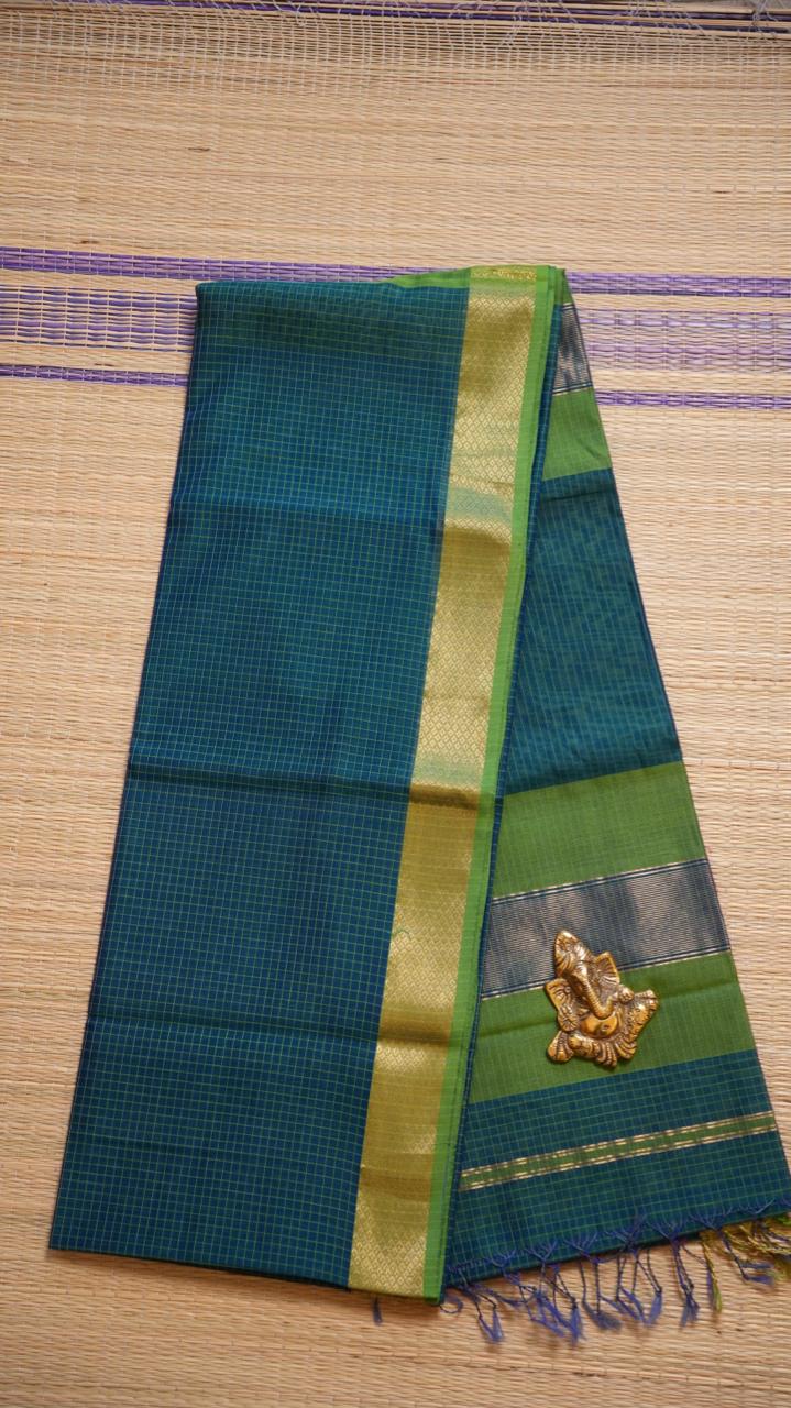 Maheshwari Silk Cotton Saree - 05-12B-03-03 (PEACOCK GREEN)