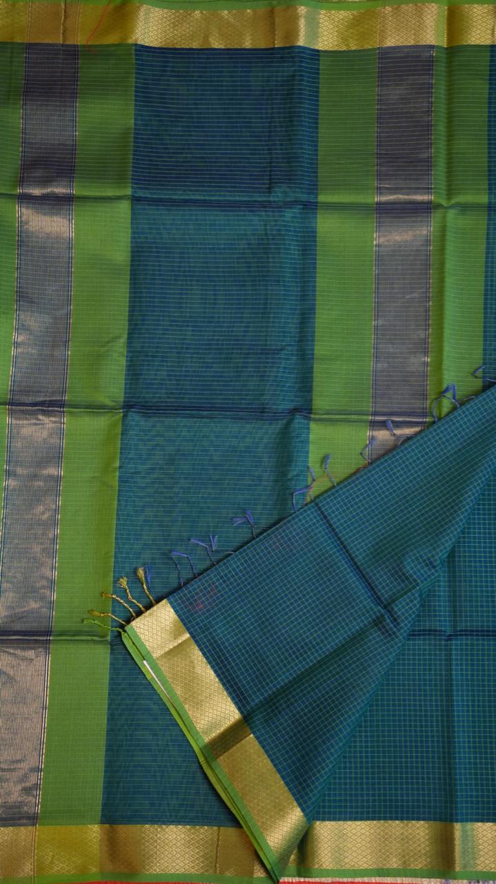 Maheshwari Silk Cotton Saree - 05-12B-03-03 (PEACOCK GREEN)