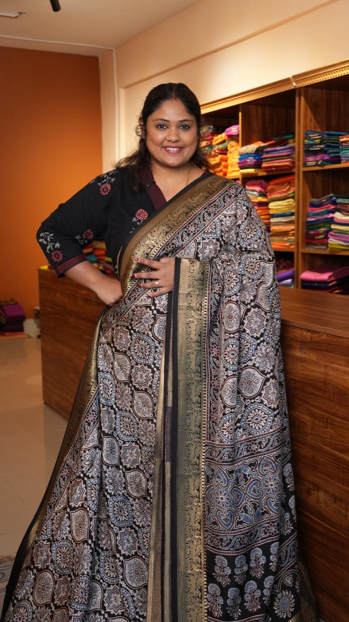 Ajrakh Dola Silk Saree - 46-01-01-04 (CHITTOR FORT)
