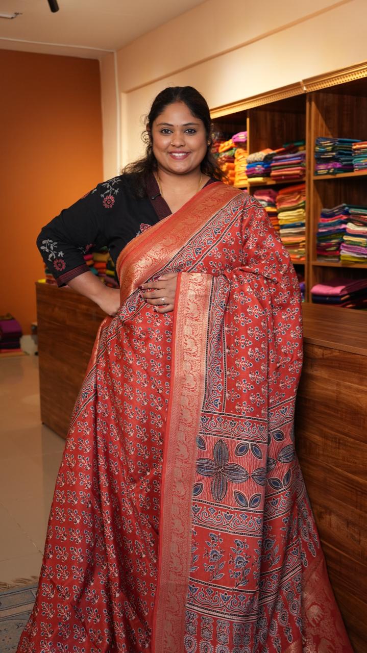 Ajrakh Dola Silk Saree - 46-01-01-06 (RED FORT)