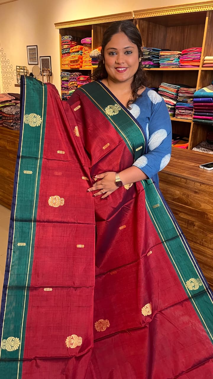 Devendra 10.5 Yards Madisar Big Butta Saree - 12-10-08-10.5Y-01(Maroon Red)