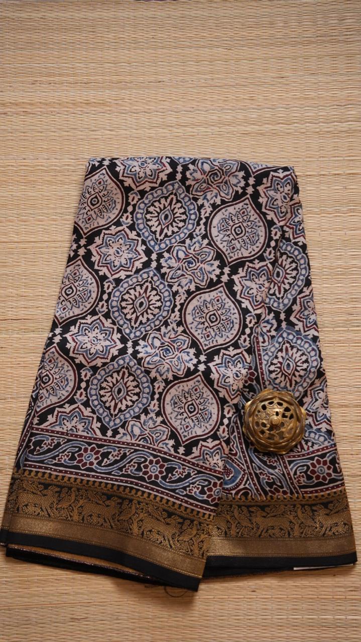 Ajrakh Dola Silk Saree - 46-01-01-04 (CHITTOR FORT)