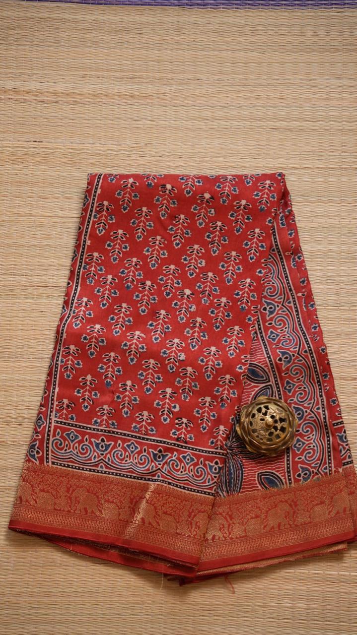 Ajrakh Dola Silk Saree - 46-01-01-06 (RED FORT)