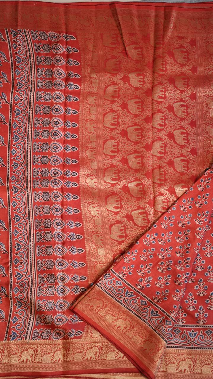 Ajrakh Dola Silk Saree - 46-01-01-06 (RED FORT)