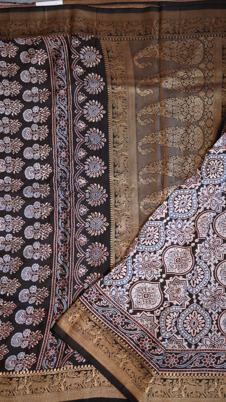 Ajrakh Dola Silk Saree - 46-01-01-04 (CHITTOR FORT)