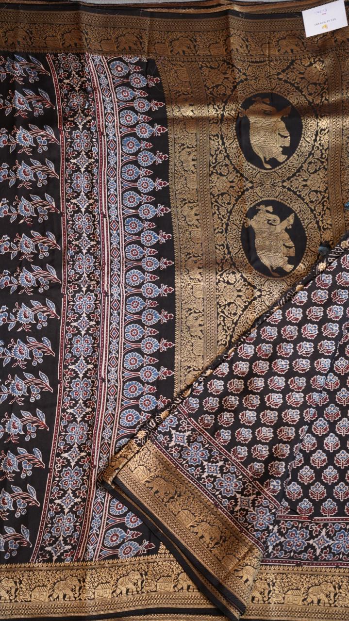 Ajrakh Dola Silk Saree - 46-01-01-02 (GOLCONDA FORT)