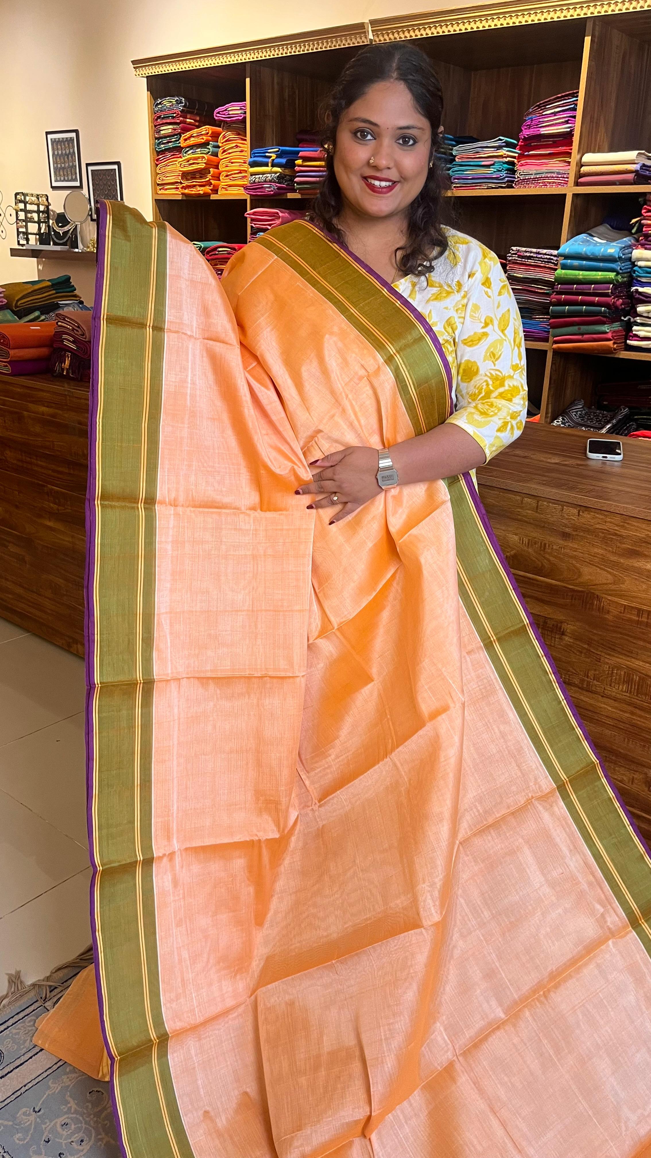 Devendra 10 Yards Madisar Plain Saree - 12-04-26-10Y-02(Peach Olive)
