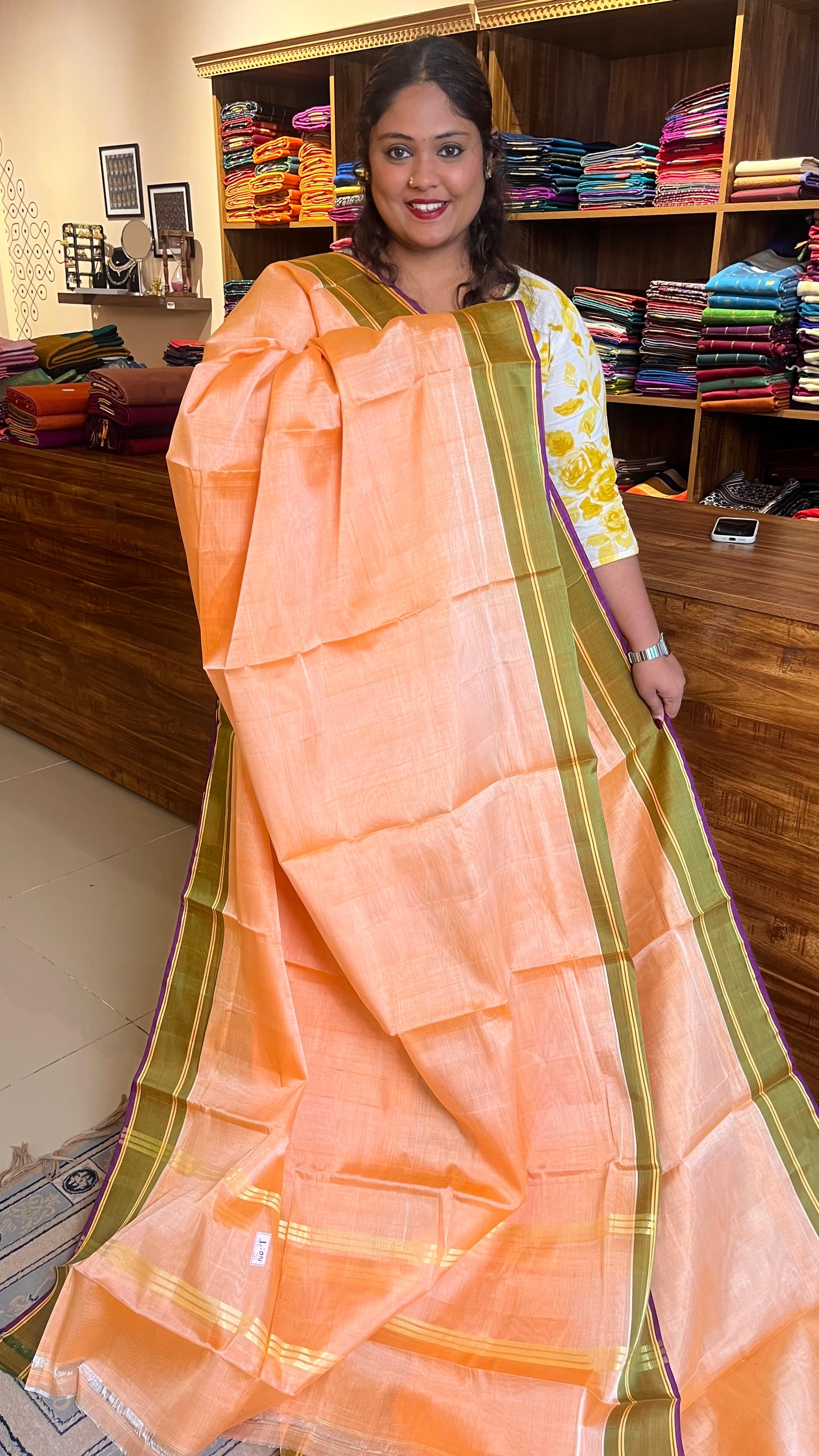 Devendra 10 Yards Madisar Plain Saree - 12-04-26-10Y-02(Peach Olive)