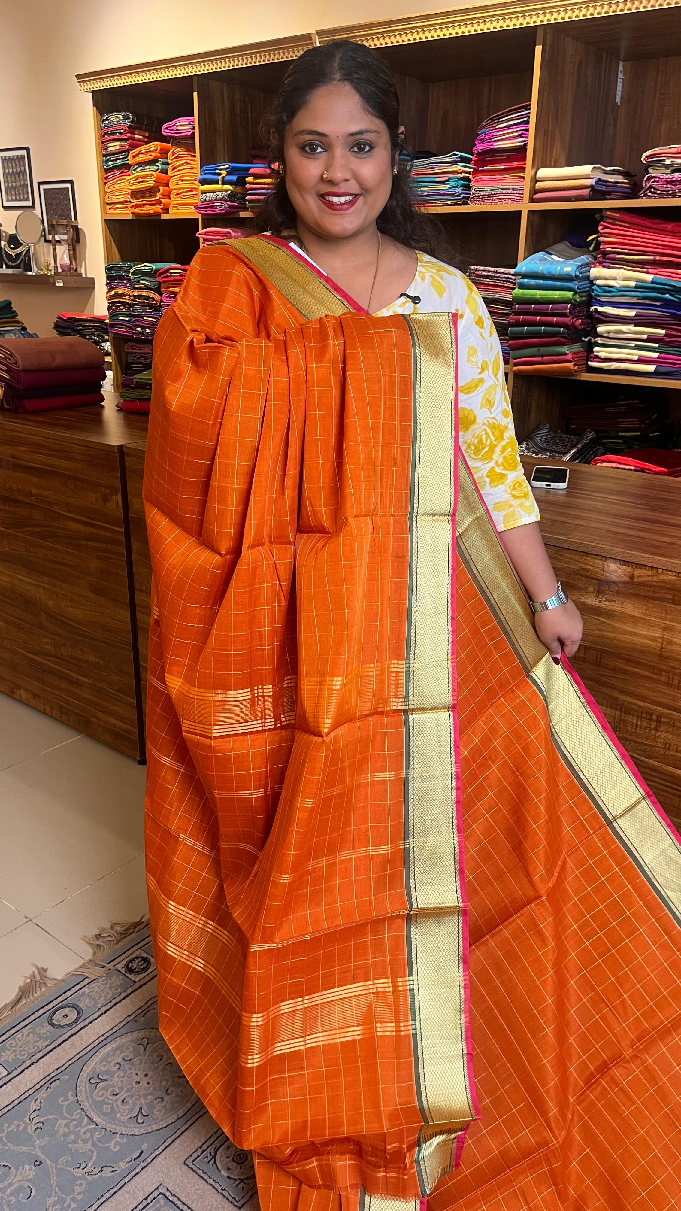Devendra 10.5 Yards Madisar Checks Saree - 12-01-11-10.5Y-01(Apricot Crush)