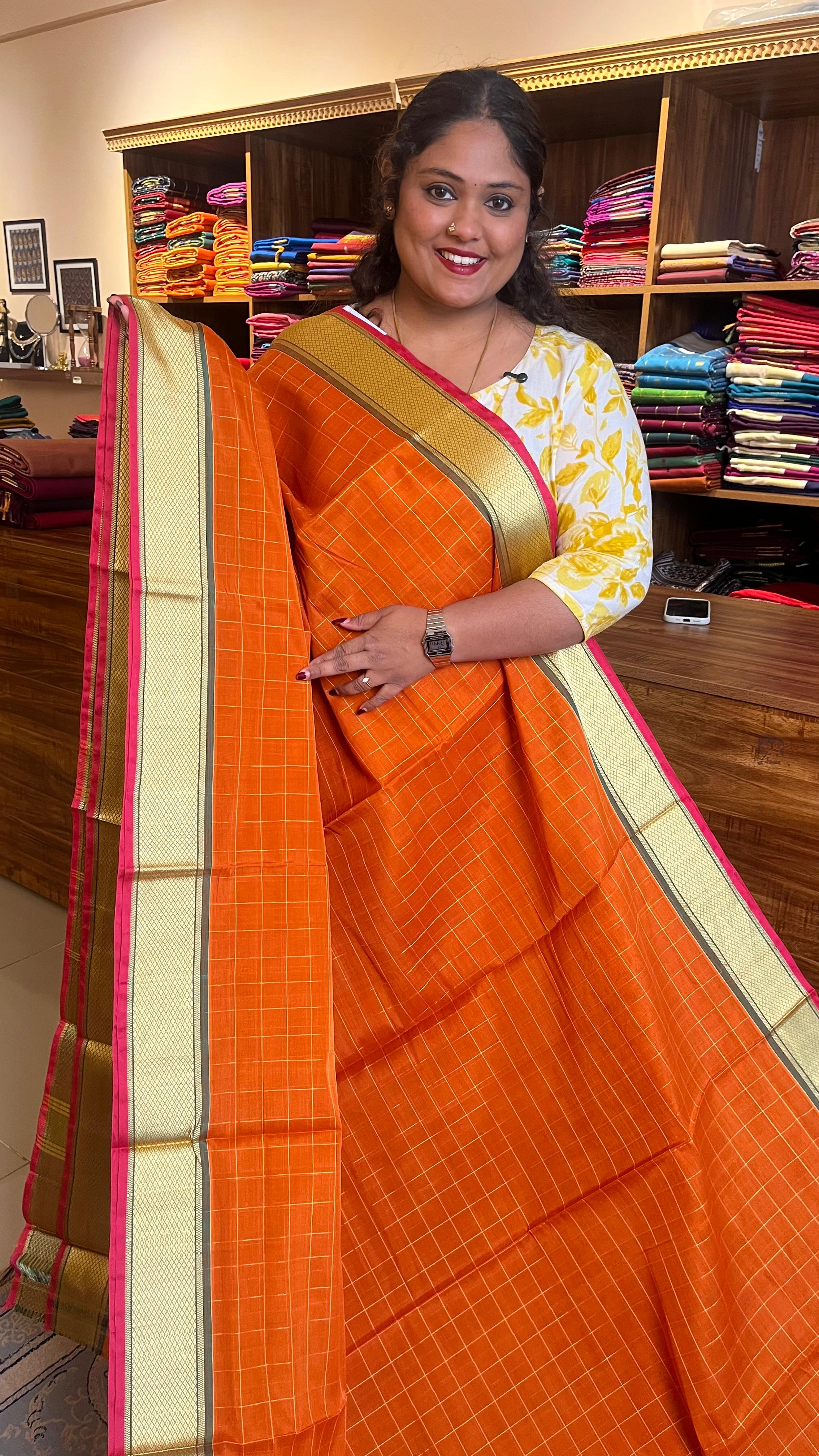 Devendra 10.5 Yards Madisar Checks Saree - 12-01-11-10.5Y-01(Apricot Crush)
