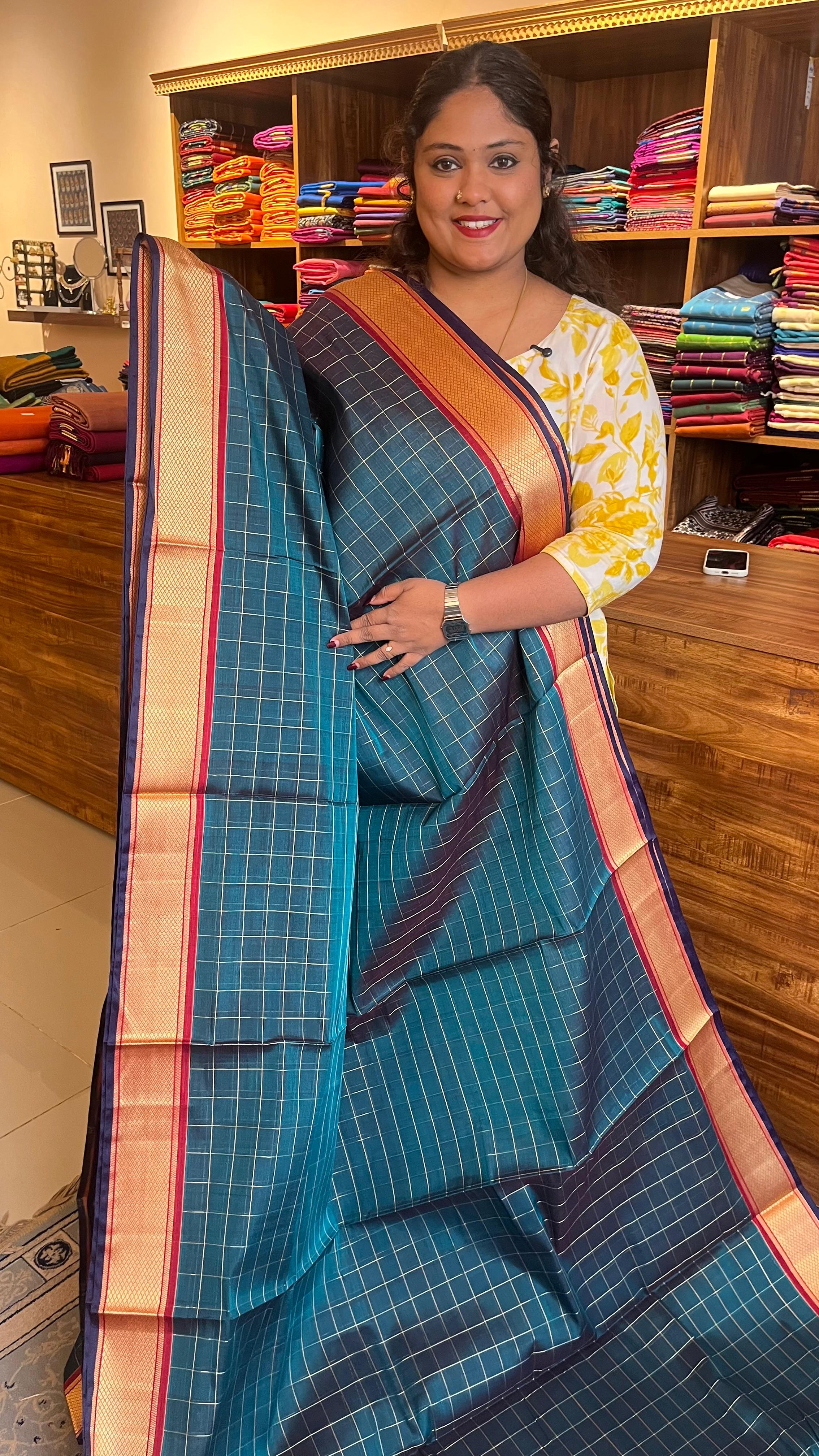 Devendra 10.5 Yards Madisar Checks Saree - 12-09B-17-10.5Y-02(Deep Ocean Blue)