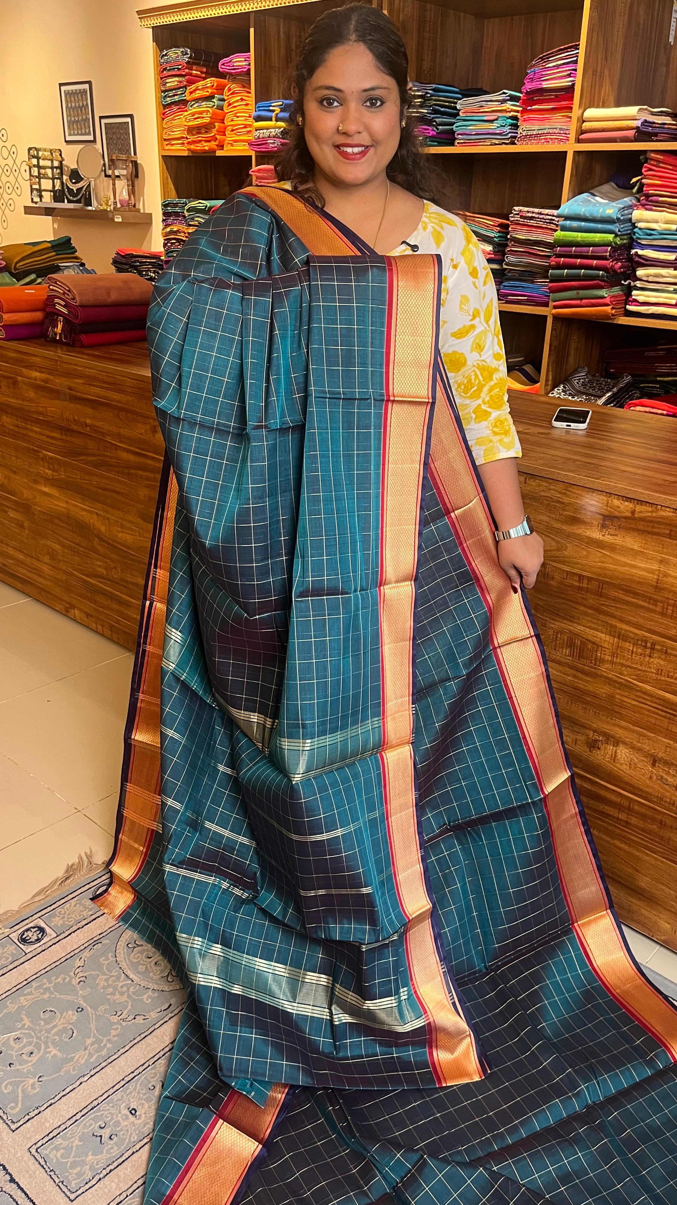 Devendra 10.5 Yards Madisar Checks Saree - 12-09B-17-10.5Y-02(Deep Ocean Blue)