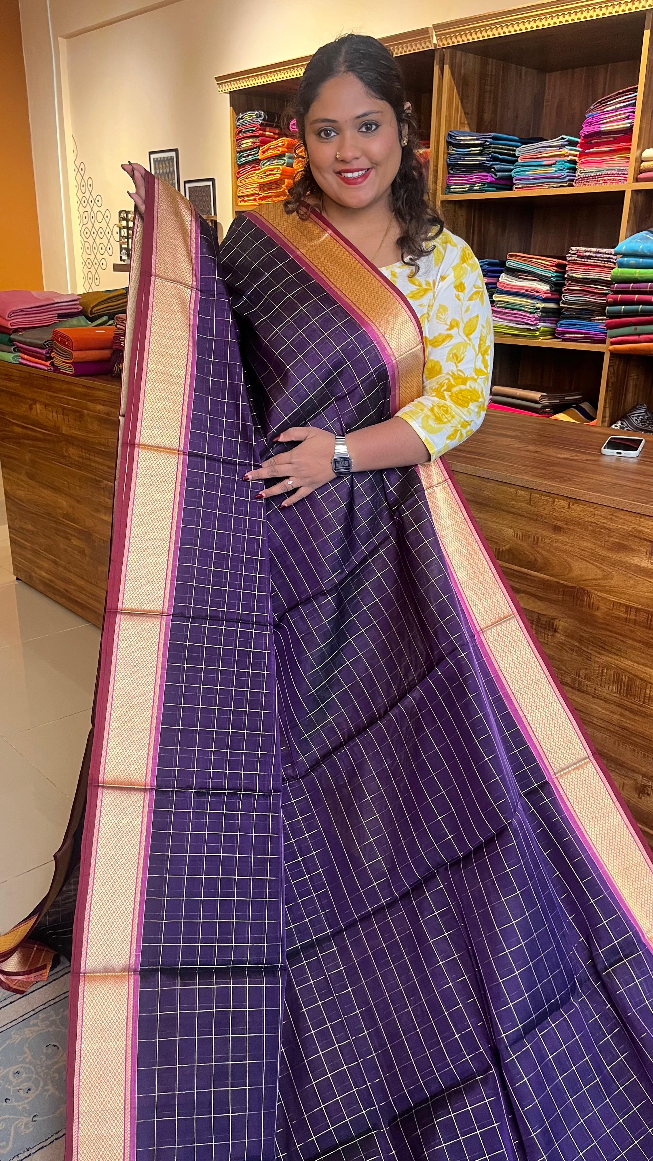 Devendra 9.5 Yards Madisar Checks Saree - 12-07D-14-9.5Y-01(Mulberry Crush)