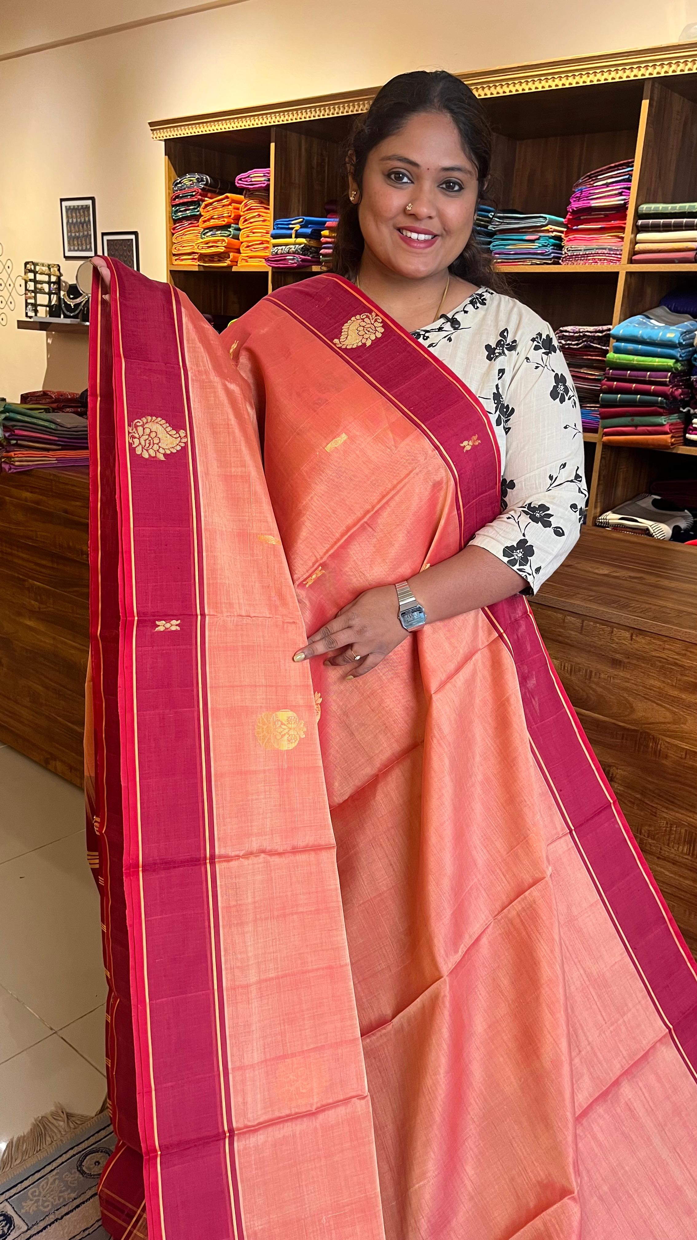 Devendra 10.5 Yards Madisar Big Butta Saree - 12-09-13-10.5Y-01( Coral Peach)