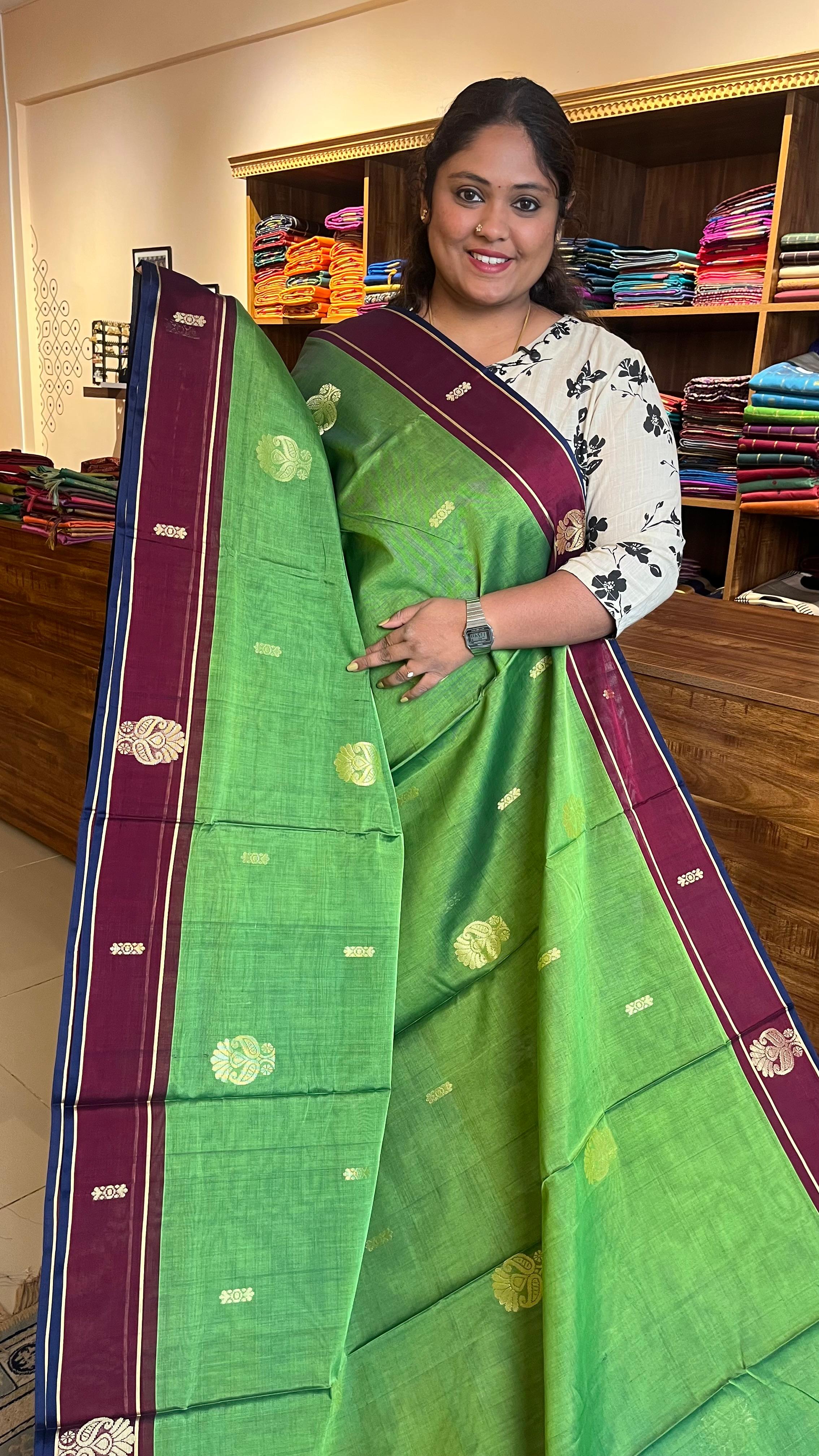 Devendra 10.5 Yards Madisar Big Butta Saree - 12-10-08-10.5Y-03( Banana Leaf Green)