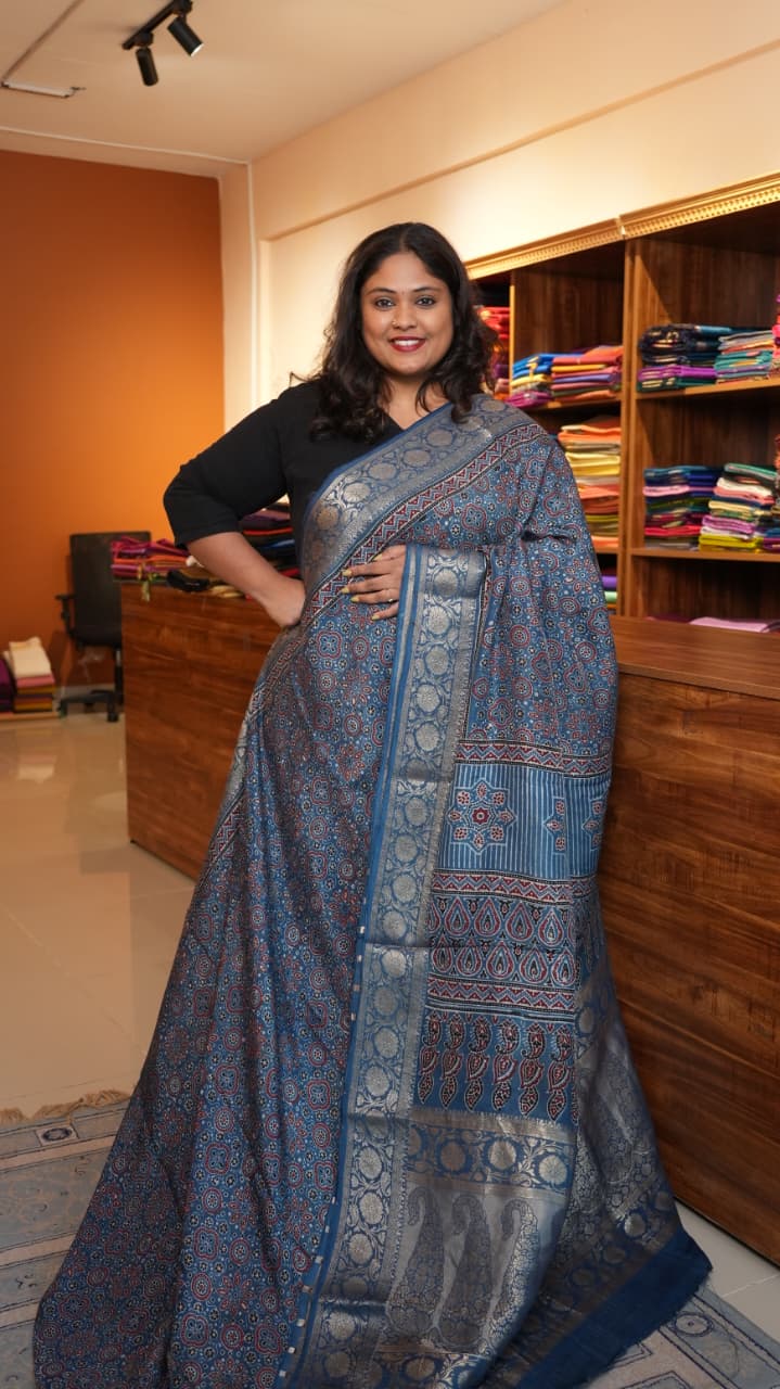 Dola Silk Ajrakh Print Saree - 46-12-01-09 (VICTORIAN BLUE)