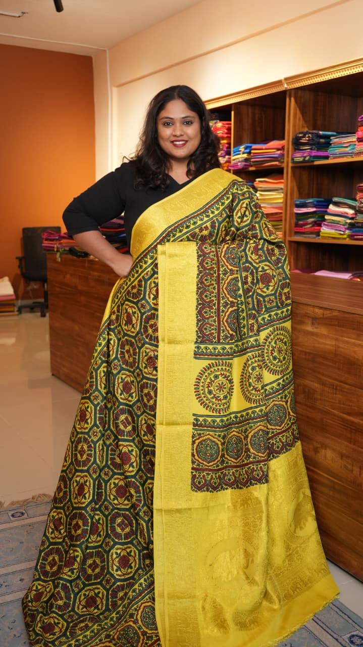 Dola Silk Ajrakh Print Saree - 46-12-01-04 (BUTTERCUP YELLOW)