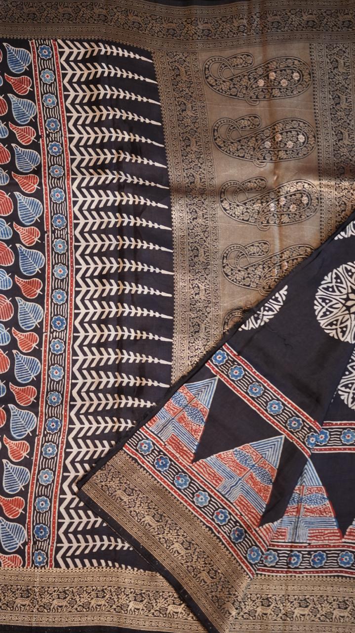 Dola Silk Ajrakh Print Saree - 46-12-01-11 (CLASSIC NOIR)