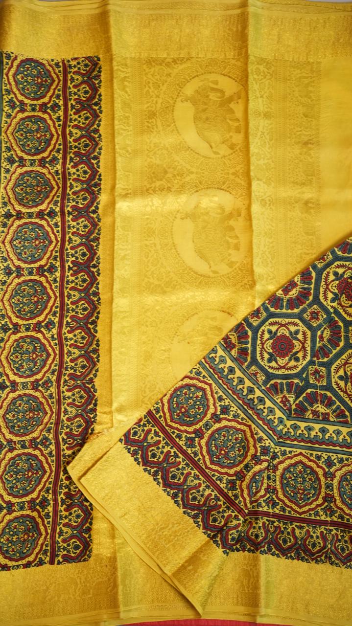 Dola Silk Ajrakh Print Saree - 46-12-01-04 (BUTTERCUP YELLOW)