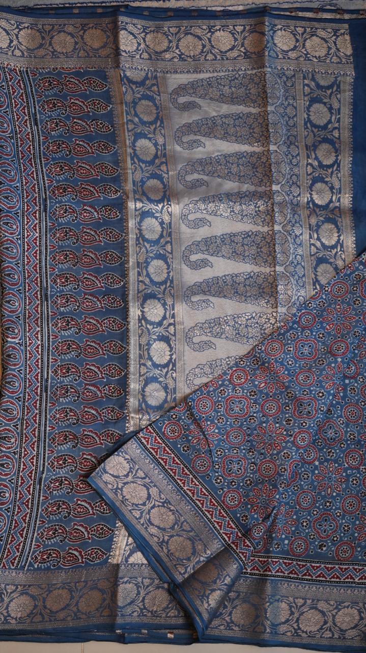 Dola Silk Ajrakh Print Saree - 46-12-01-09 (VICTORIAN BLUE)
