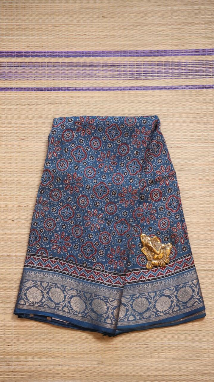 Dola Silk Ajrakh Print Saree - 46-12-01-09 (VICTORIAN BLUE)