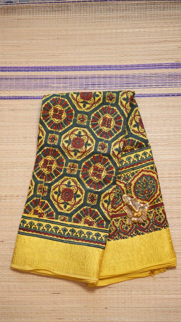 Dola Silk Ajrakh Print Saree - 46-12-01-04 (BUTTERCUP YELLOW)